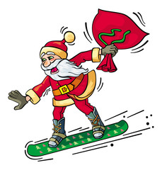 Image of Santa riding snowboard isolated on white background
