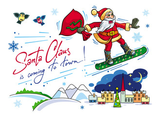 Holiday Christmas card with Santa riding snowboard
