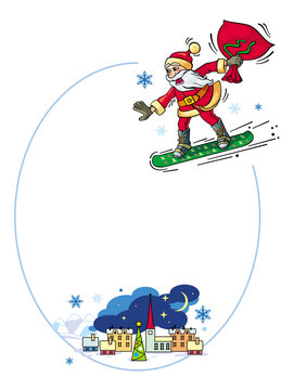 Round frame with winter town landscape and Santa Claus riding snowboard