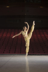 Young ballerina in theater posing, in costume, dancing