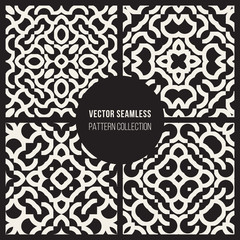 Set of Four Vector Seamless Black And White Ethnic Geometric Rounded Arcs Patterns