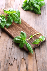 Green fresh basil on wooden background