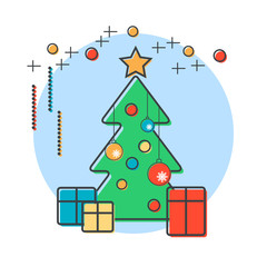 Thin line and flat design style Christmas and New Year vector illustration