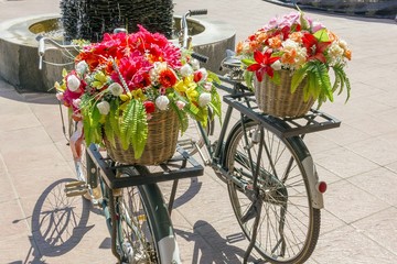 Fototapeta na wymiar Flower basket on vintage bicycle