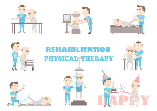 The physical therapy is working caregivers. Cartoon vector illustration.