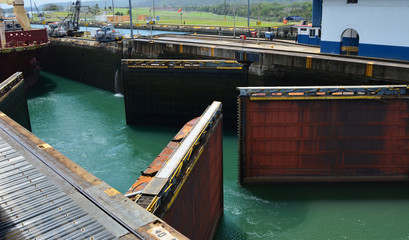 Doors of the Panama Canal open for an approaching ship
