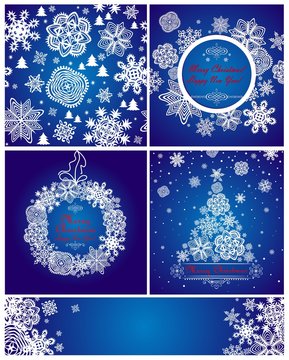 Blue xmas greeting cards with paper snowflakes