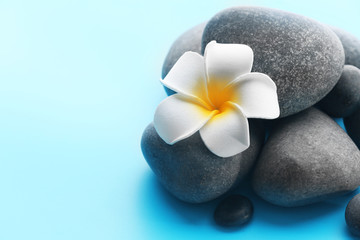 Spa stones with flower on blue background