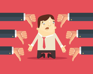 Sad businessman and many hands with thumbs down. Vector flat illustration