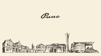 Pune skyline vector illustration hand drawn