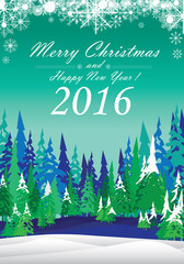 Merry Christmas and Happy New Year 2016. The colorful Christmas tree and white snow on  green background.
