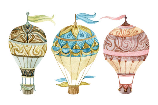 Aerostat Set. Watercolor Hot Air Balloon Set.