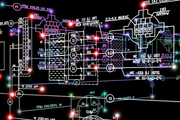 Electrical industrial engineering scheme on black background.Engineering technology