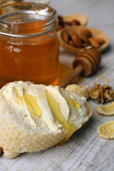 Healthy breakfast with bread, honey, nuts. Country breakfast concept