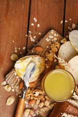 Healthy breakfast with bread, honey, nuts. Country breakfast concept