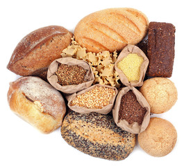 Different types of bread, pasta and cereal, isolated on white