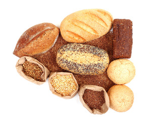 Different types of bread, pasta and cereal, isolated on white