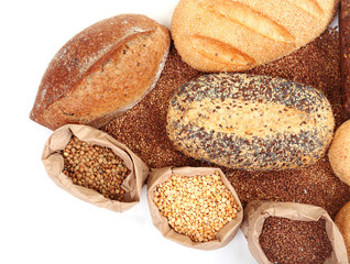 Different types of bread, pasta and cereal, isolated on white