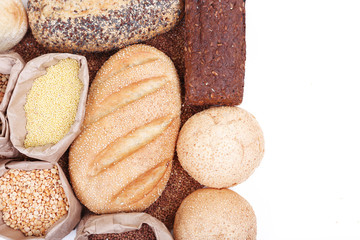 Different types of bread, pasta and cereal, isolated on white