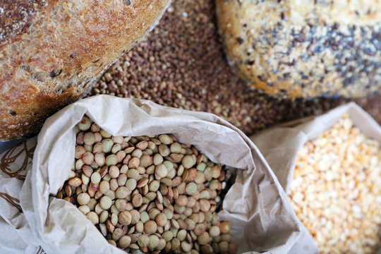 Different types of bread and cereal, close-up