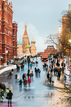 View of the Red Square and St. Basil's Cathedral on a winter eve