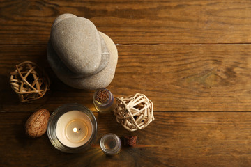 Decorated relax treatments on wooden background