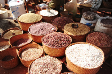 Soy, rice and other plants. City market. Antananarivo