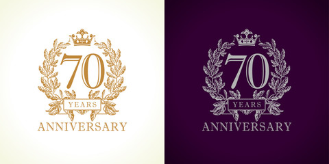 70 anniversary luxury logo. Template logo 70th royal anniversary with a frame in the form of laurel branches and the number seventy. - obrazy, fototapety, plakaty