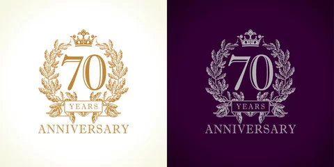 Deurstickers 70 anniversary luxury logo. Template logo 70th royal anniversary with a frame in the form of laurel branches and the number seventy. © koltukovs
