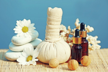 Beautiful composition of spa treatment on sea background