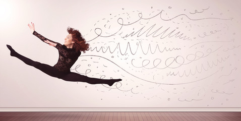 Pretty woman jumping with hand drawn lines and arrows come out