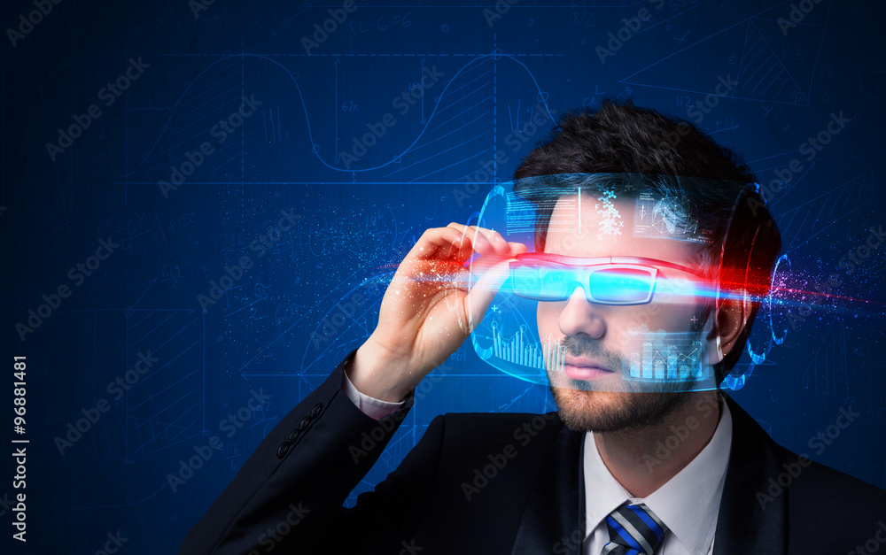 Poster man with future high tech smart glasses