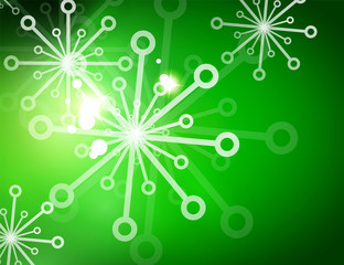 Christmas green abstract background with white transparent snowflakes