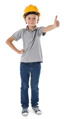 Little boy in yellow helmet isolated on white background