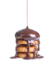 close up of a chocolate syrup on a cake on white background