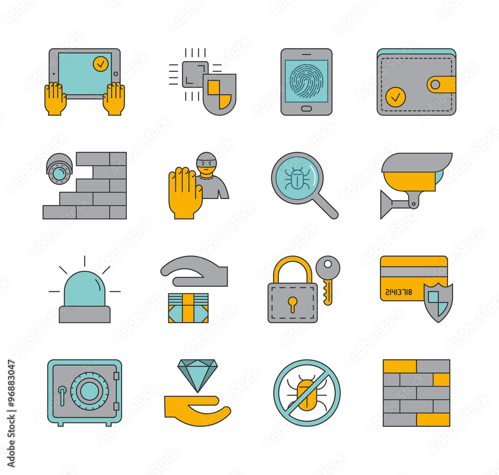 Poster line set of icons security. vector linear symbols