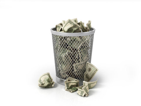 Money in basket. Isolated over white
