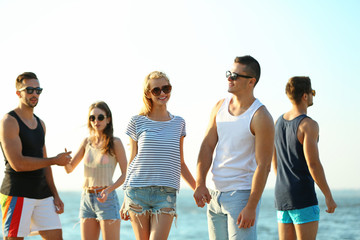 Happy couple and friends having fun at the beach, outdoors