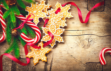 Christmas background with christmas cookies and candy canes