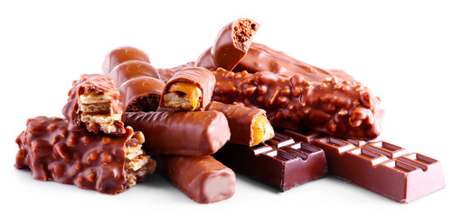 Mix of chocolate bars, isolated on white
