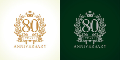 80 anniversary luxury logo. Template logo 80th royal anniversary with a frame in the form of laurel branches and the number eighty.  - obrazy, fototapety, plakaty
