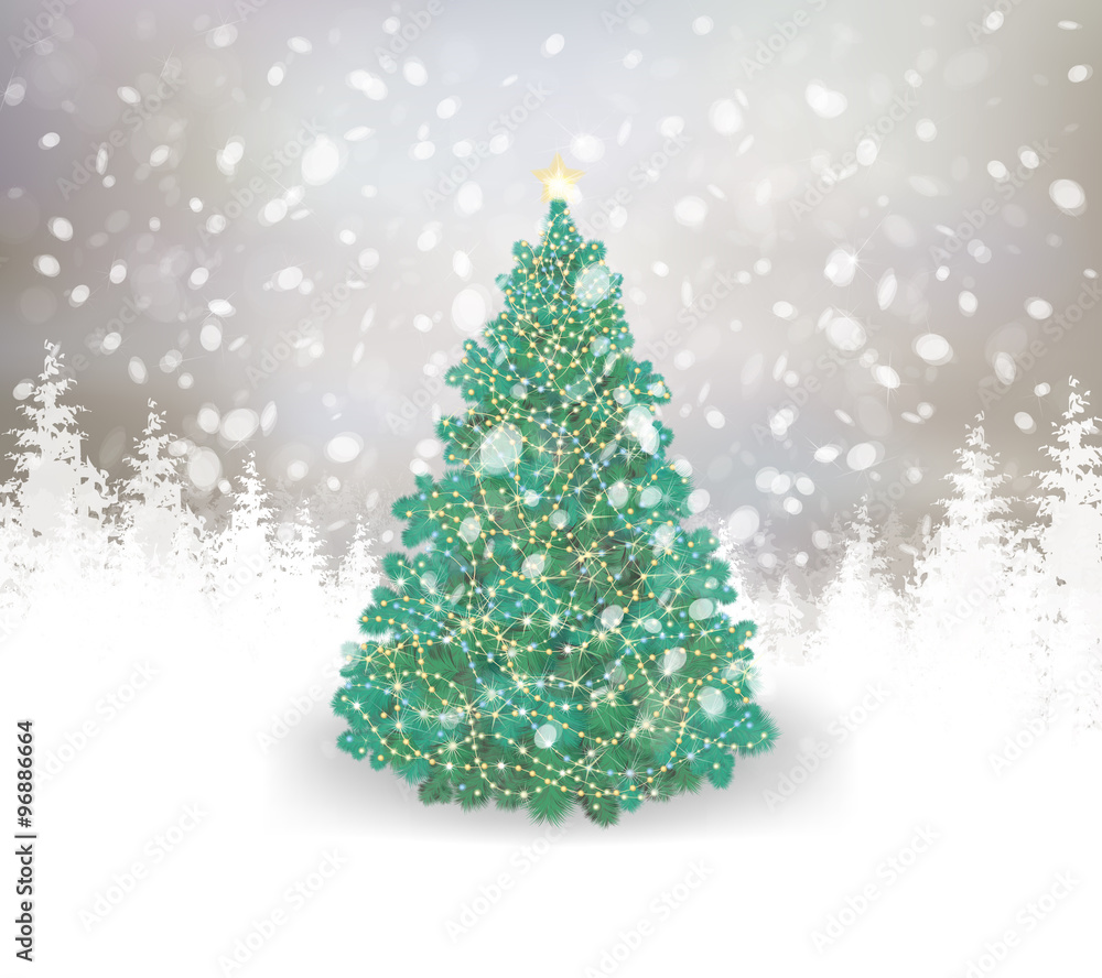 Canvas Prints vector christmas tree on snowy background.