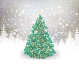 Vector Christmas tree on snowy background.