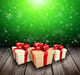 Christmas wooden background with gift boxes
