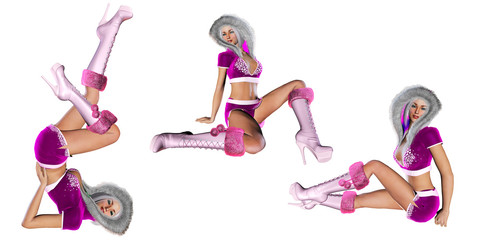 3D figure beautiful sexy Snow Maiden with short lilac skirt and blouse with fur collar. Luxurious girl body. Blond hair and blue eyes. Bright and flashy makeup. Isolate. Seductive pose. Christmas