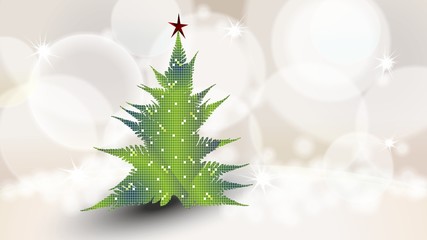 green Christmas tree with red star against pastel gold background
