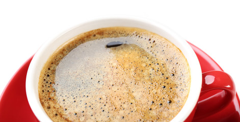 A red cup of tasty coffee, isolated on white, close-up