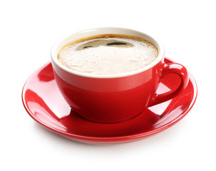 A red cup of tasty coffee, isolated on white