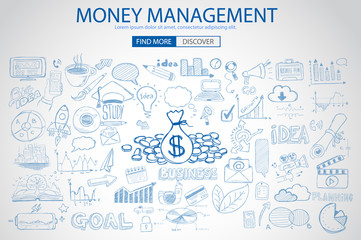 Money Management concept with Doodle design style saving solution