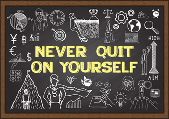 Doodles about NEVER QUIT ON YOURSELF on chalkboard.